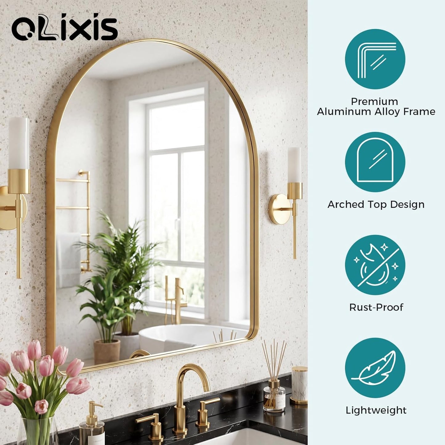 OLIXIS Arched Bathroom Mirror for Over Sink, 34x32 Inch Wall Mirror Arched Rounded Rectangle, Modern Wall Mount Vanity Mirror with Matte Metal Deep Framed, for Home Decor, Living Room, Black