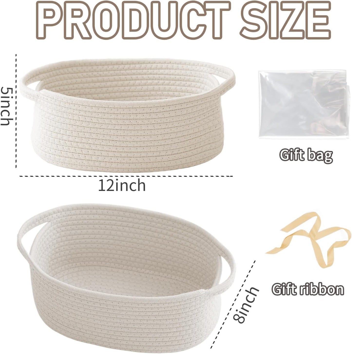 JMvicyroam Woven Basket,Small Rope Storage Bin with Handles & Ribbon Bag, Organizer for Shelves Closets,Gift Basket Empty for Birthday,Books,Dog Toys,White