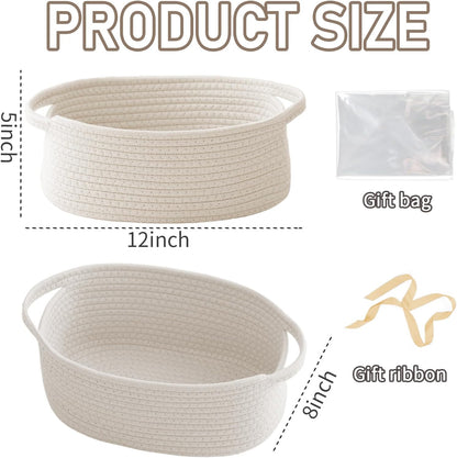 JMvicyroam Woven Basket,Small Rope Storage Bin with Handles & Ribbon Bag, Organizer for Shelves Closets,Gift Basket Empty for Birthday,Books,Dog Toys,White