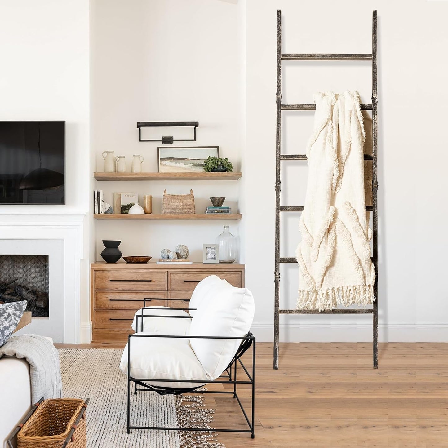 Blanket Ladder for the Living Room 6-Tier, Wooden Decorative Quilt Holder for Bed room, Wall-Leaning Towel Rack for Bathroom，Rustic Farmhouse Ladders for Display. (Dark Brown)