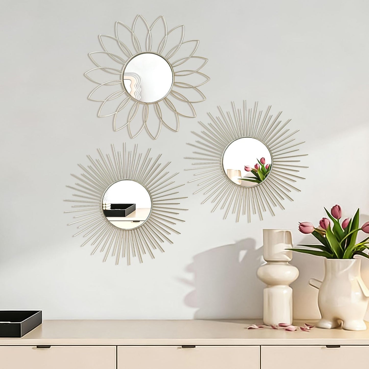 3 Pack Metal Mirrors for Wall Sunburst Wall Mirrors Home Décor Decorative Hanging Wall Art for Living Room Bedroom Entryway (Gold, Flower+Sunburst)