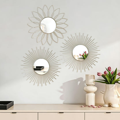 3 Pack Metal Mirrors for Wall Sunburst Wall Mirrors Home Décor Decorative Hanging Wall Art for Living Room Bedroom Entryway (Gold, Flower+Sunburst)
