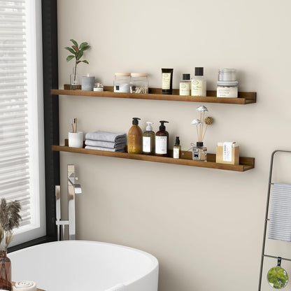 FLYJOE Picture Ledge Shelf, Floating Shelves Set of 2, Solid Pine Wood 55'' Long Large Nursery Book Shelves for Toys Storage, Kids Bookshelf for Living Room Bedroom Decor Books Photo Frames, Walnut