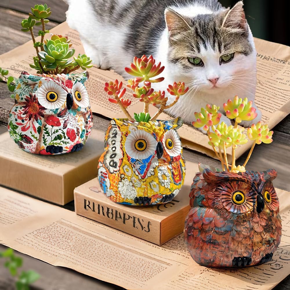 Owl Planter, Owl Succulent Pots, Funny Plant Pots Indoor/Outdoor, Decorative Garden Flower Pot, Cute Small Planters for office Home Decor, Unique Statue Figurine Gifts for Women Mother Teacher Red