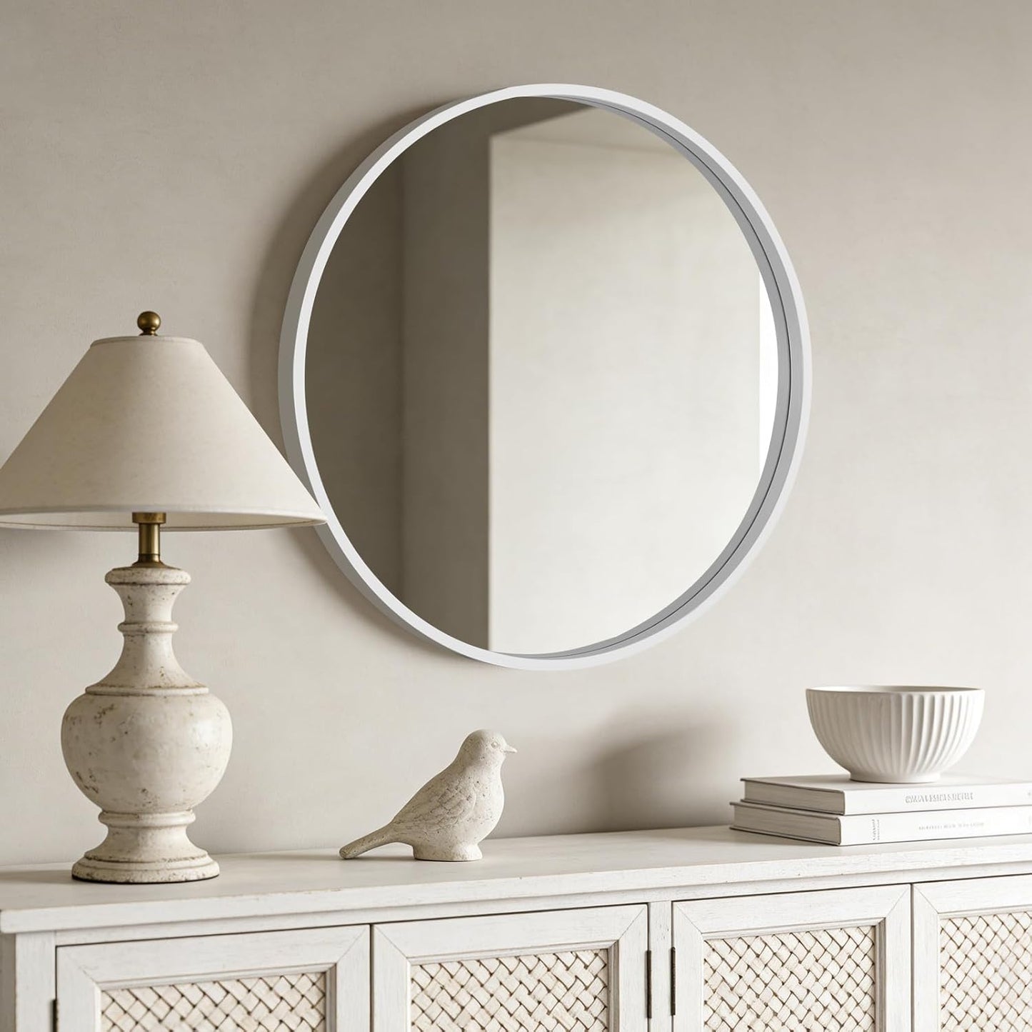 WallBeyond Wood Round Mirror with Wood Frame 24 inch Circle Wall Mirror for Bathroom Round Wall Mirror for Wall Decor, Vanity, Entryway Living Room (Walnut)