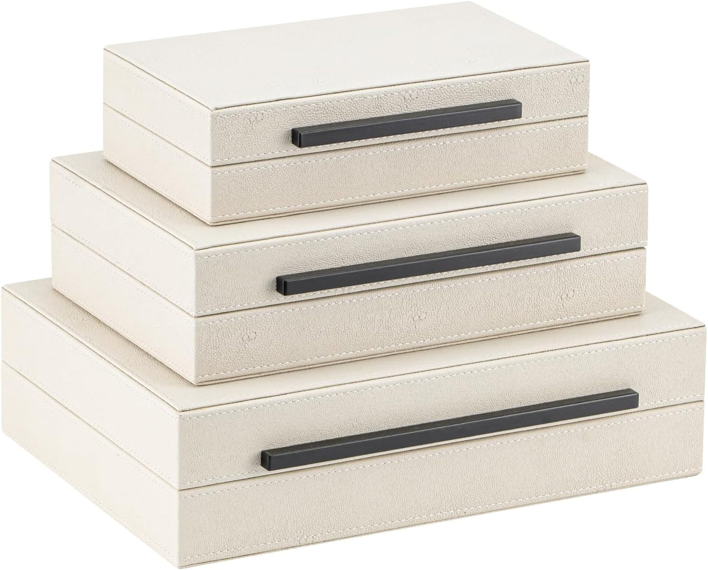 XIGEXIGE Set of 3 Beige Shagreen Decorative Storage Boxes with Black Metal Handles –Faux Leather Large Modern Stackable Nesting Jewelry Box with Lids Organizer