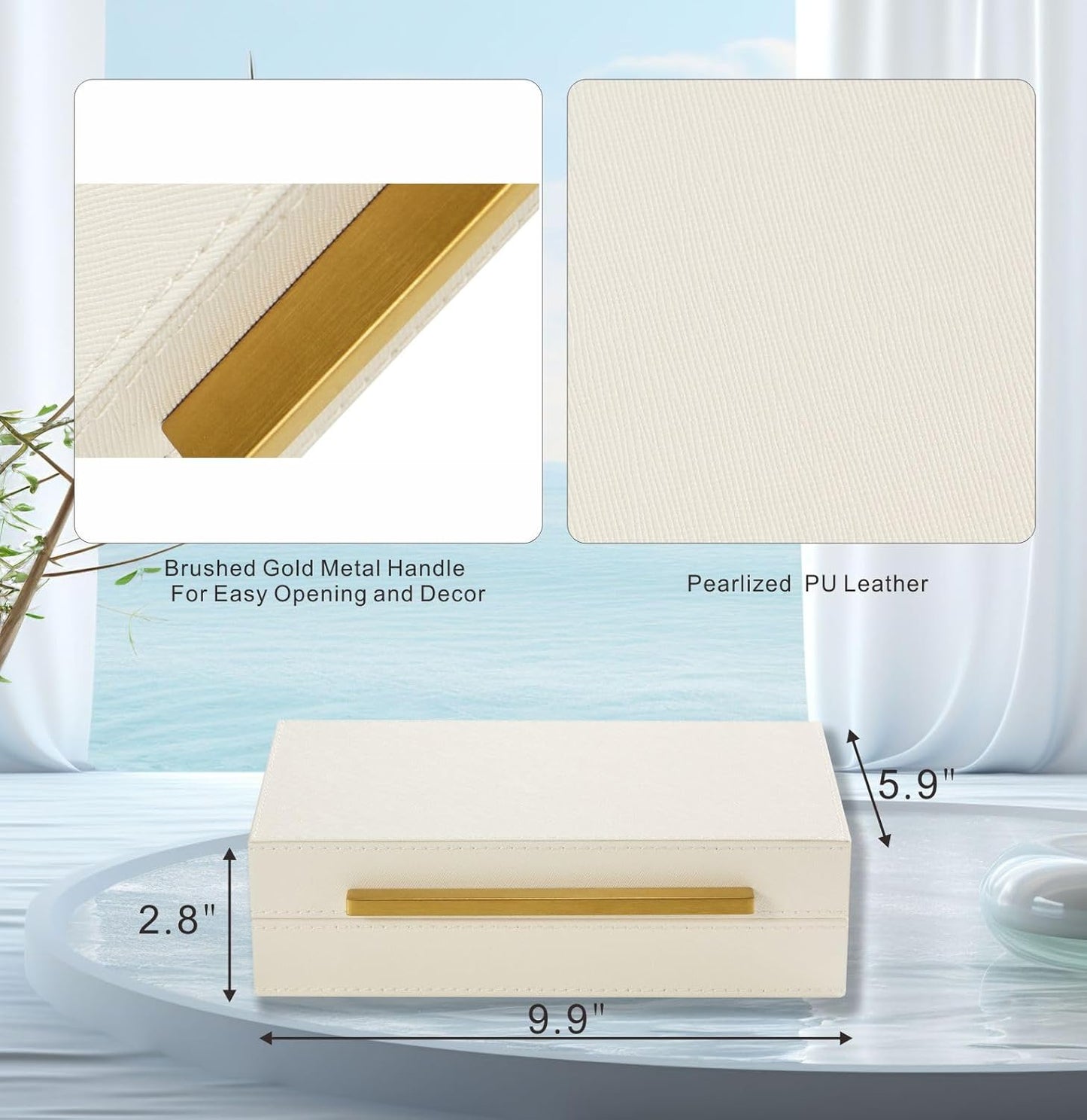 Sagala Set of 2 Ivory Shagreen Decorative Boxes With Brushed Gold Metal Handles, Faux Leather Jewelry Boxes Modern Storages Photo Memory Boxes Home Organizer Boxes (Ivory-Gold, 2pack)