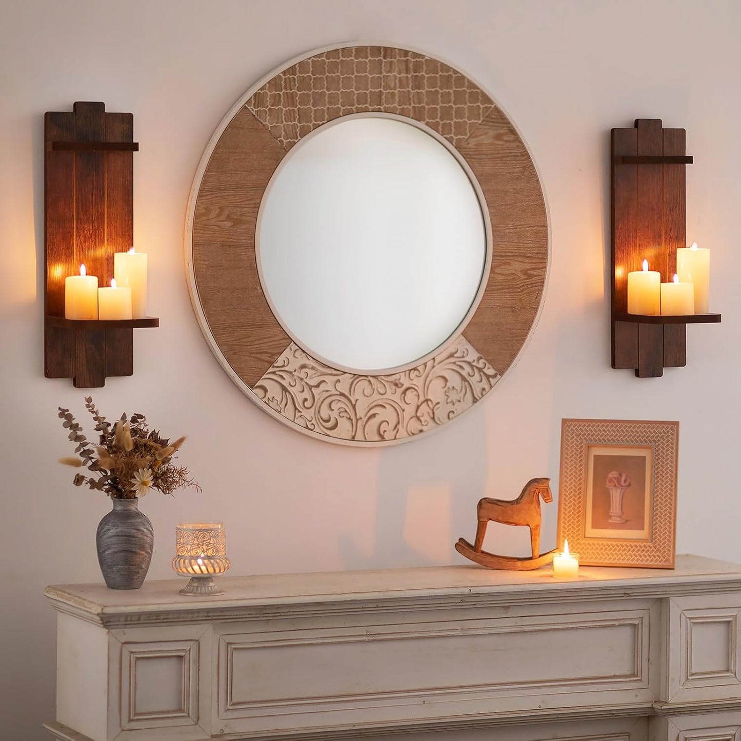 Candle Sconces Black Wall Decor Set of 2 - Wood Wall Candle Holders Set of Two for Small Plants Pillar Candles Tealight - Gothic Distressed Decor for Living Room