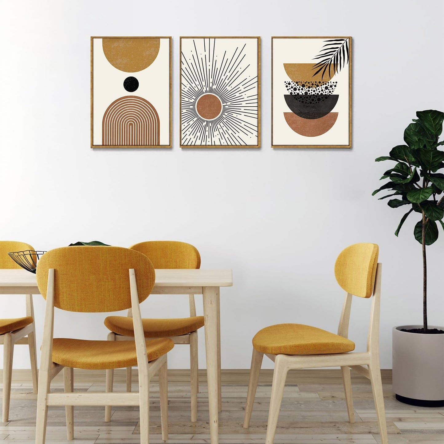 Bwodke Boho Wall Art, Framed Abstract Wall Art, Green Botanical Neutral Canvas Wall Decor, Large Mid Century Plant Pictures Set of 3, Modern Minimalist Paintings, for Bedroom Living Room Bathroom