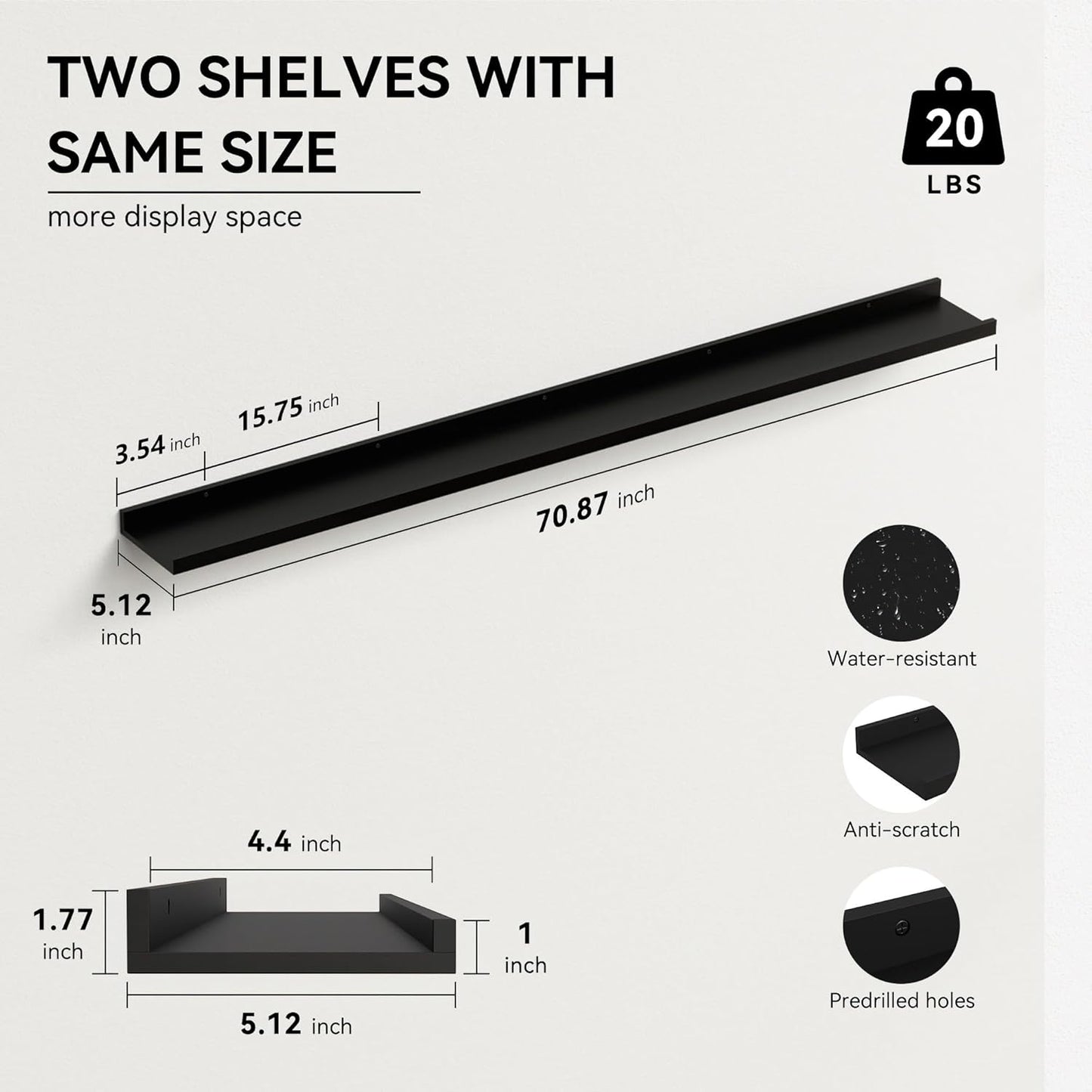 Boswillon Floating Shelves Wall Mounted Set of 2, Modern Black Wall Shelves for Storage with Lip, Display Picture Ledge Shelf for Wall Decor Bedroom Living Room Bathroom Kitchen