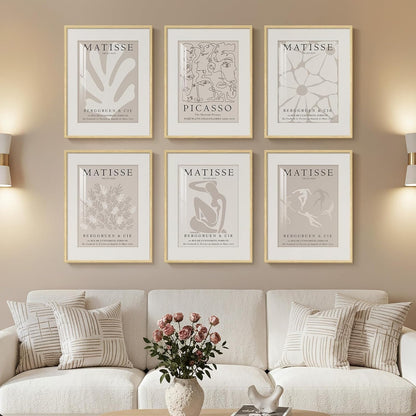 Framed Boho Black and White Brown Modern Abstract Wall Art for Living Room, Set of 6 Bohemian Wall Hanging Artwork, Minimalist Sun Geometric Pictures for Bedroom Office Bathroom Wall Decor 11x14 Inch