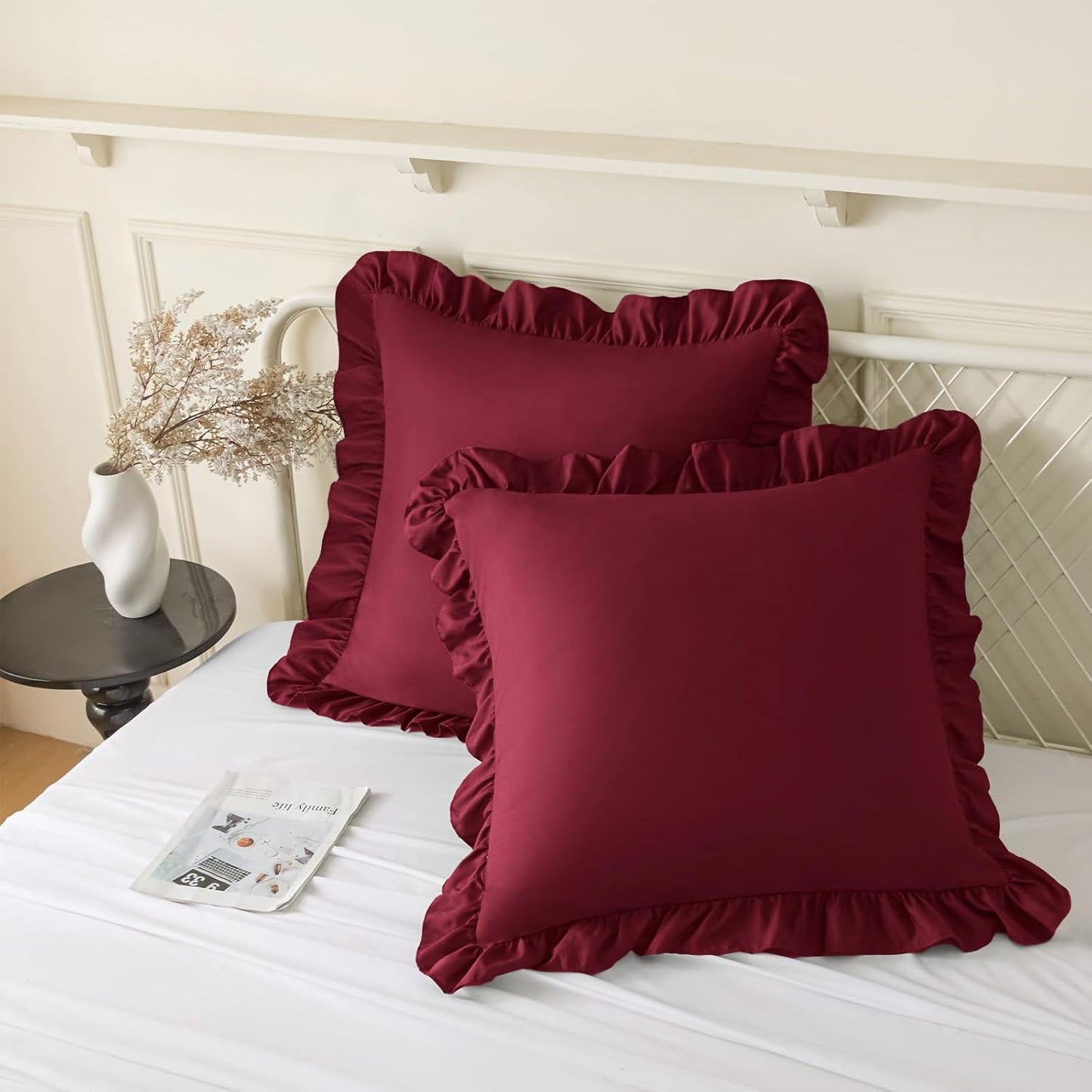 KKJIAF Ruffle Pillow Cases 26x26 Inches, White Square Ruffled Pillow Covers Set of 2, Microfiber Wrinkle Resistant Pillow Shams with Envelope Closure for Sofa Bed Living Room