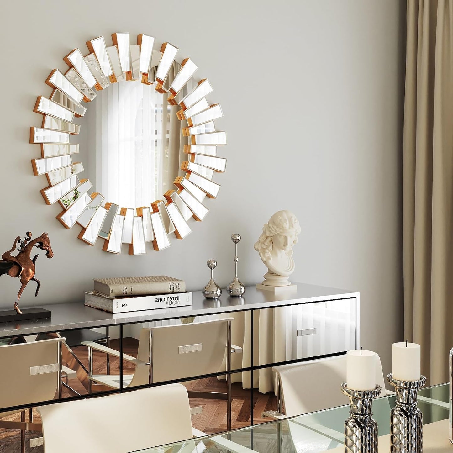 Gold Sunburst Mirror, 26" Sun Mirror Wall Decor with Beveled Glass Frame, Starburst Mirrors for Entryway, Dining Room, Living Room