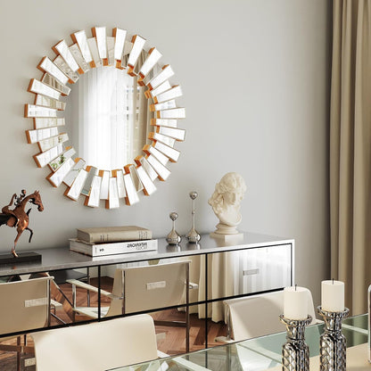 Gold Sunburst Mirror, 26" Sun Mirror Wall Decor with Beveled Glass Frame, Starburst Mirrors for Entryway, Dining Room, Living Room