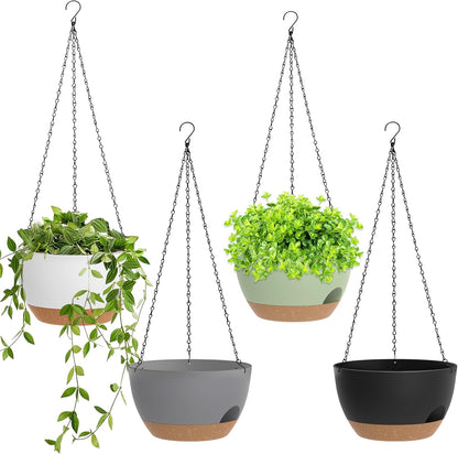 8 Inch Hanging Planters for Indoor Outdoor Plants, 4 Pack Black Plastic Self Watering Hanging Baskets with Drainage Holes and Chain for Garden Porch