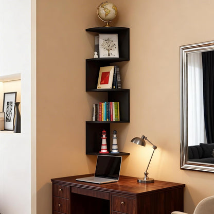 No-Drill Corner Shelf Wall Mount, 5-Tier Floating Corner Bookshelf with Hooks, Space-Saving Zigzag Plant Shelf for Bedroom, Living Room, Bathroom, Home Office