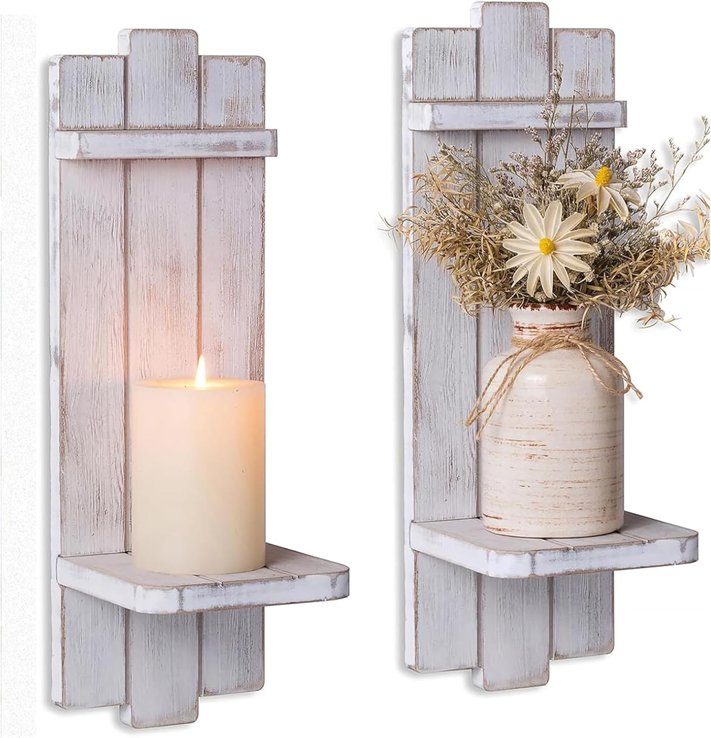 Candle Sconces Black Wall Decor Set of 2 - Wood Wall Candle Holders Set of Two for Small Plants Pillar Candles Tealight - Gothic Distressed Decor for Living Room