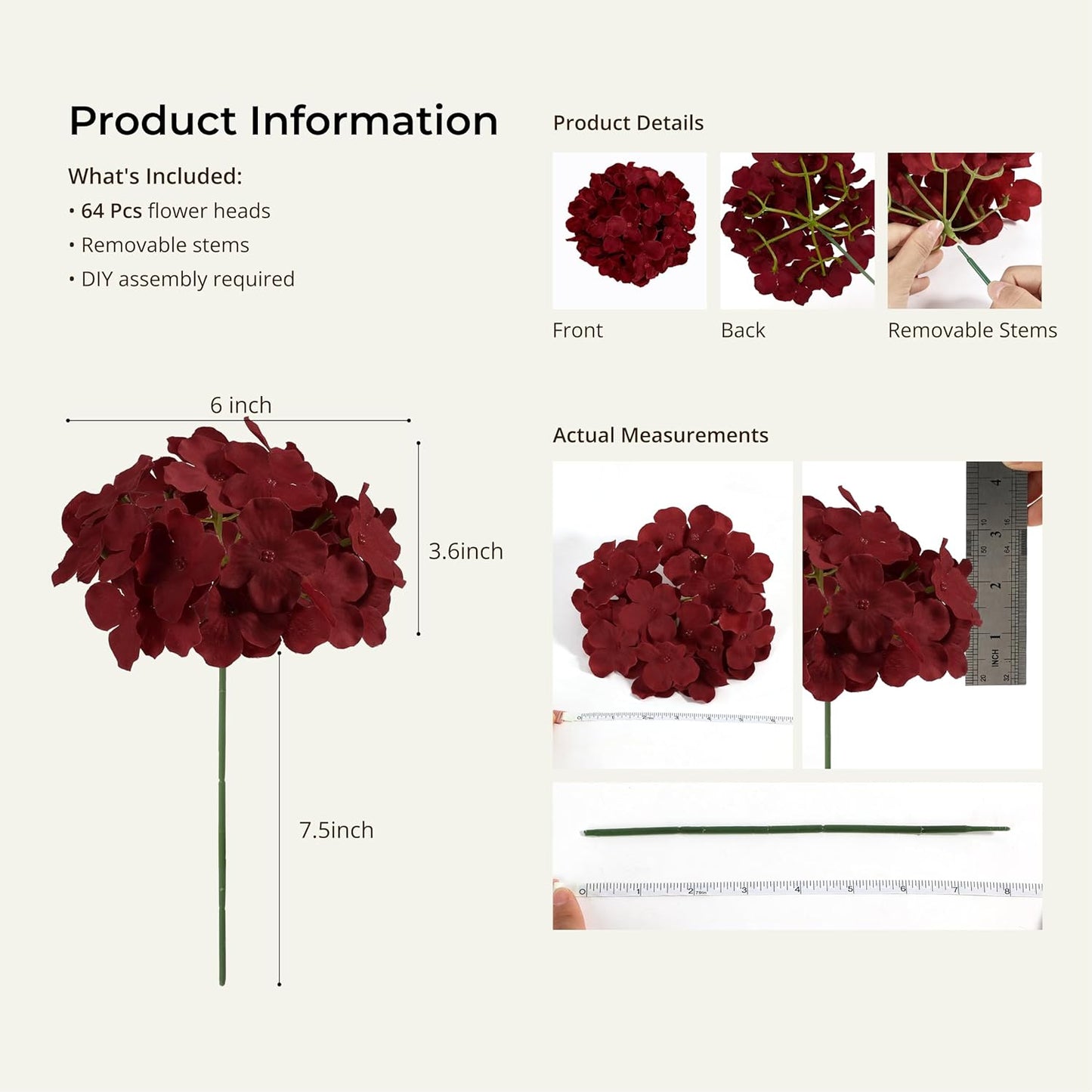 Auihiay 64 PCS Artificial Hydrangea Flowers, Silk Hydrangea Full Flowers Heads with Stems for Wedding Centerpieces, Home, Garden, Baby Shower, Party Decoration (Ivory)