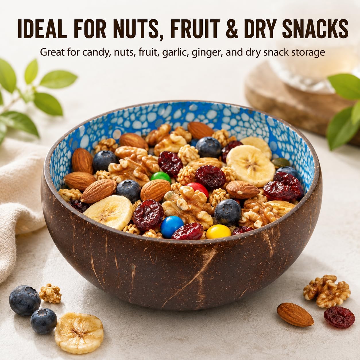 ChezMax Natural Coconut Bowl with Mother of Pearl Inlays - Key Bowl & Fruit Snack Holder (Blue-Gold)