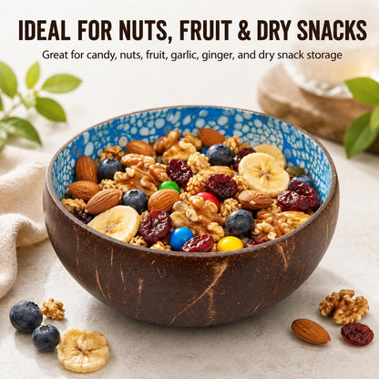 ChezMax Natural Coconut Bowl with Mother of Pearl Inlays - Key Bowl & Fruit Snack Holder (Blue-Gold)