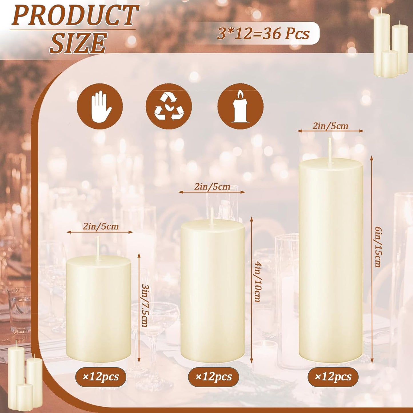 18 Pcs Ivory Pillar Candles Bulk Set，3 Different Lengths 2 x 3/4/6 Inch (6 Each)，Hurricane Candles，Dripless Unscented Smokeless，Gives You a Better Atmosphere When Organizing an Event Party.