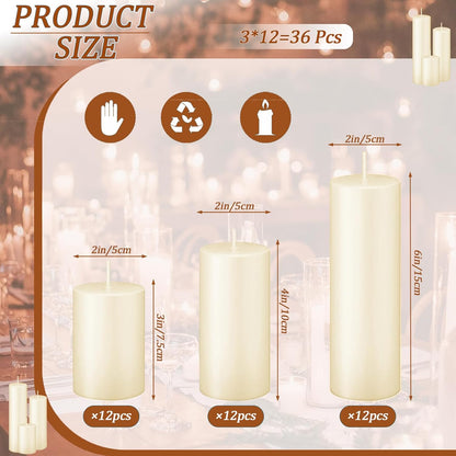 18 Pcs Ivory Pillar Candles Bulk Set，3 Different Lengths 2 x 3/4/6 Inch (6 Each)，Hurricane Candles，Dripless Unscented Smokeless，Gives You a Better Atmosphere When Organizing an Event Party.