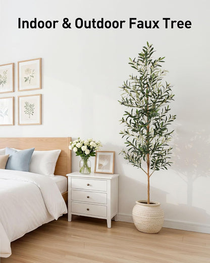 FLOWORLD 6FT Olive Trees Artificial Indoor, Tall Faux Olive Tree 6FT (72in) with Natural Wood Trunk & Realistic Olives, Stable Base, Pet Friendly Artificial Plant for Home Office, Living Room, Outdoor