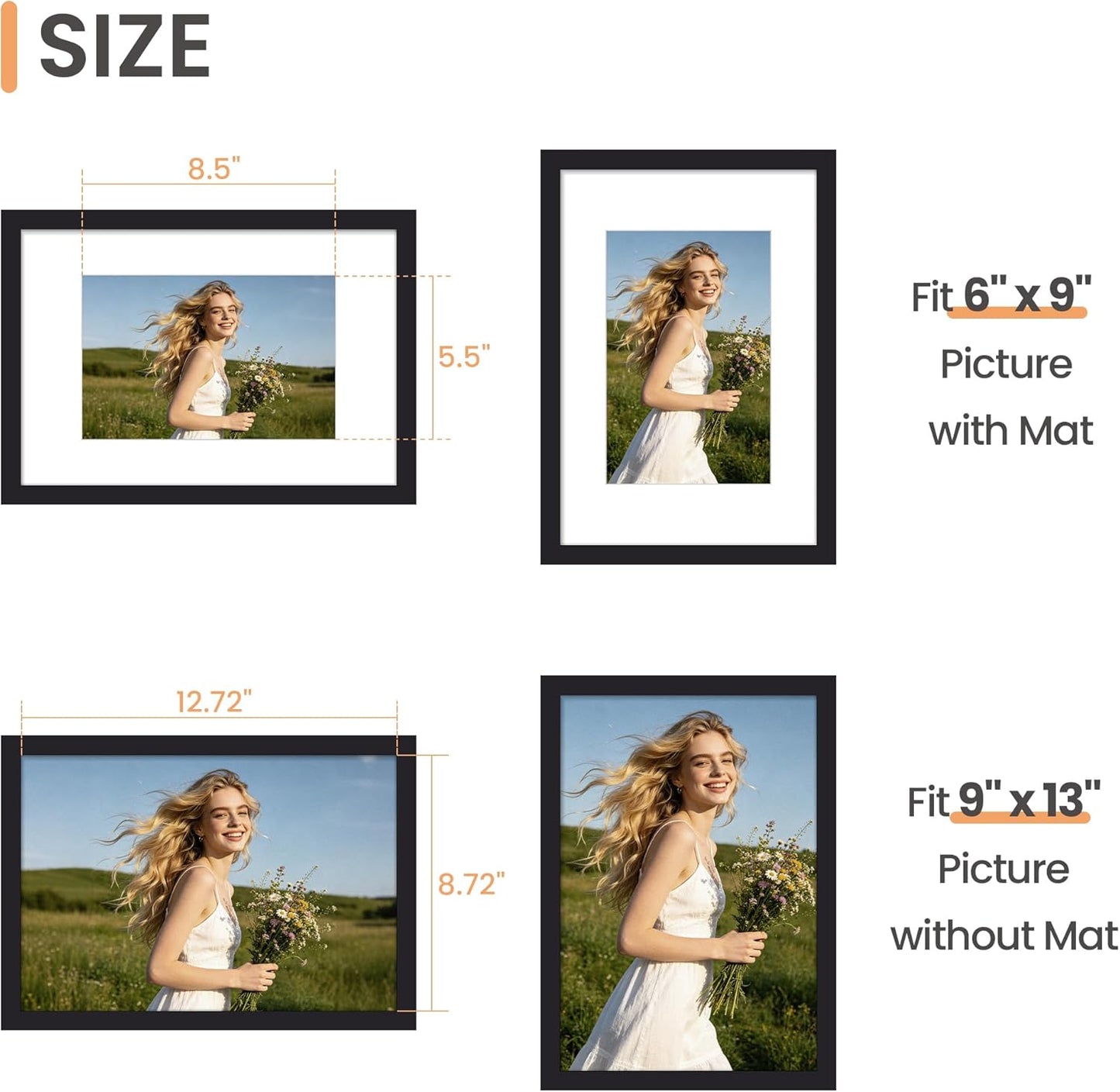 upsimples 8x10 Picture Frame, Display Pictures 5x7 with Mat or 8x10 Without Mat, Wall Hanging Photo Frame, Black, 1 Pack - Colors A