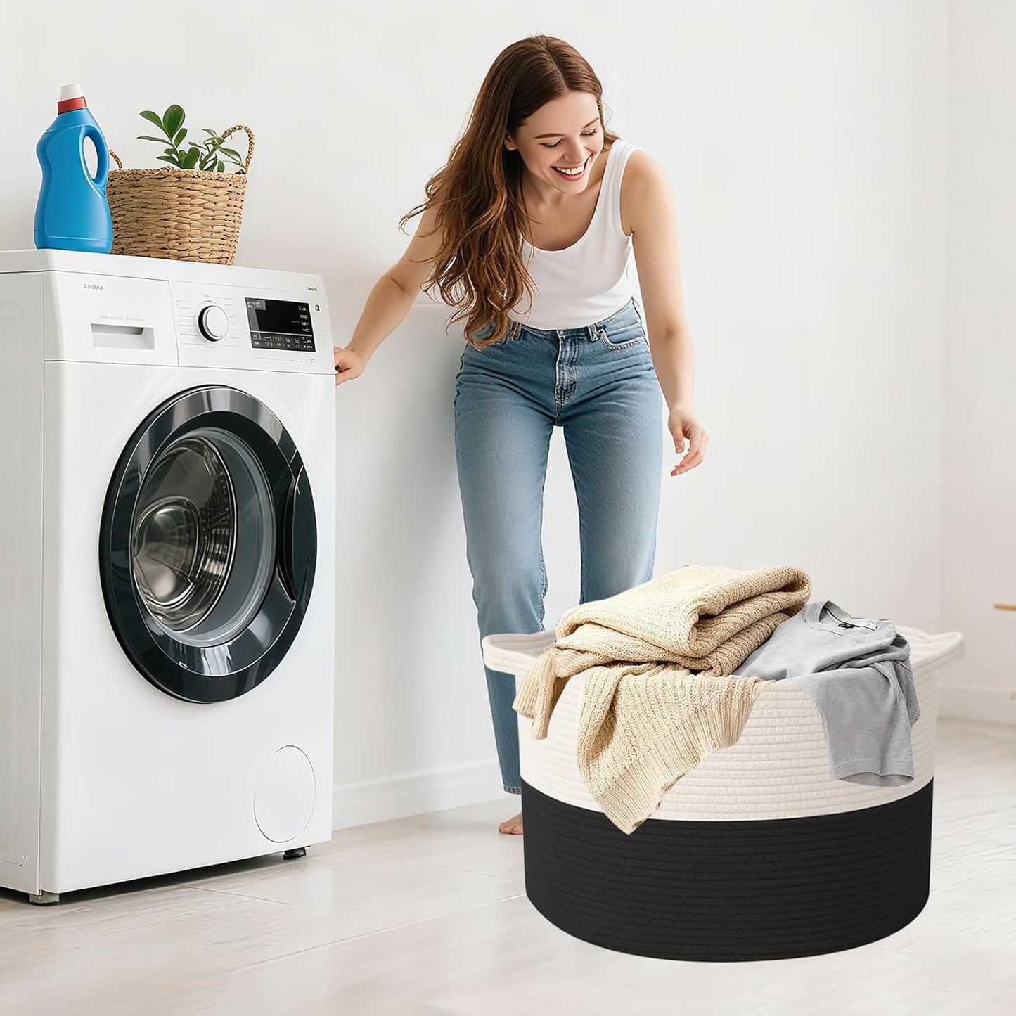 Large Woven Blanket Basket,65L Cotton Rope Laundry Basket Hamper with Handles, Decorative Nursery Basket Storage Bin for Toys, Clothes Organizer, Living Room, Bedroom, Bathroom, White & Brown