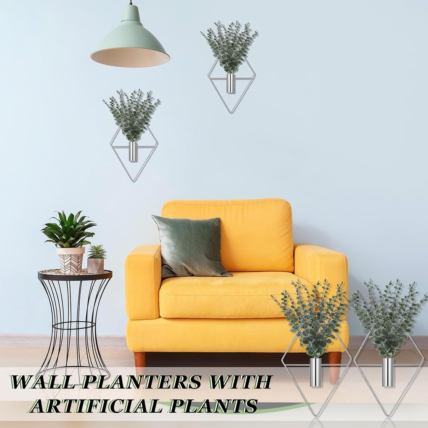 Jexine 4 Pcs Hanging Planters with Artificial Eucalyptus Metal Hanging Vase Indoor Plants Holder Modern Geometric Boho Bathroom Wall Decor for Living Room Home Office(Black)