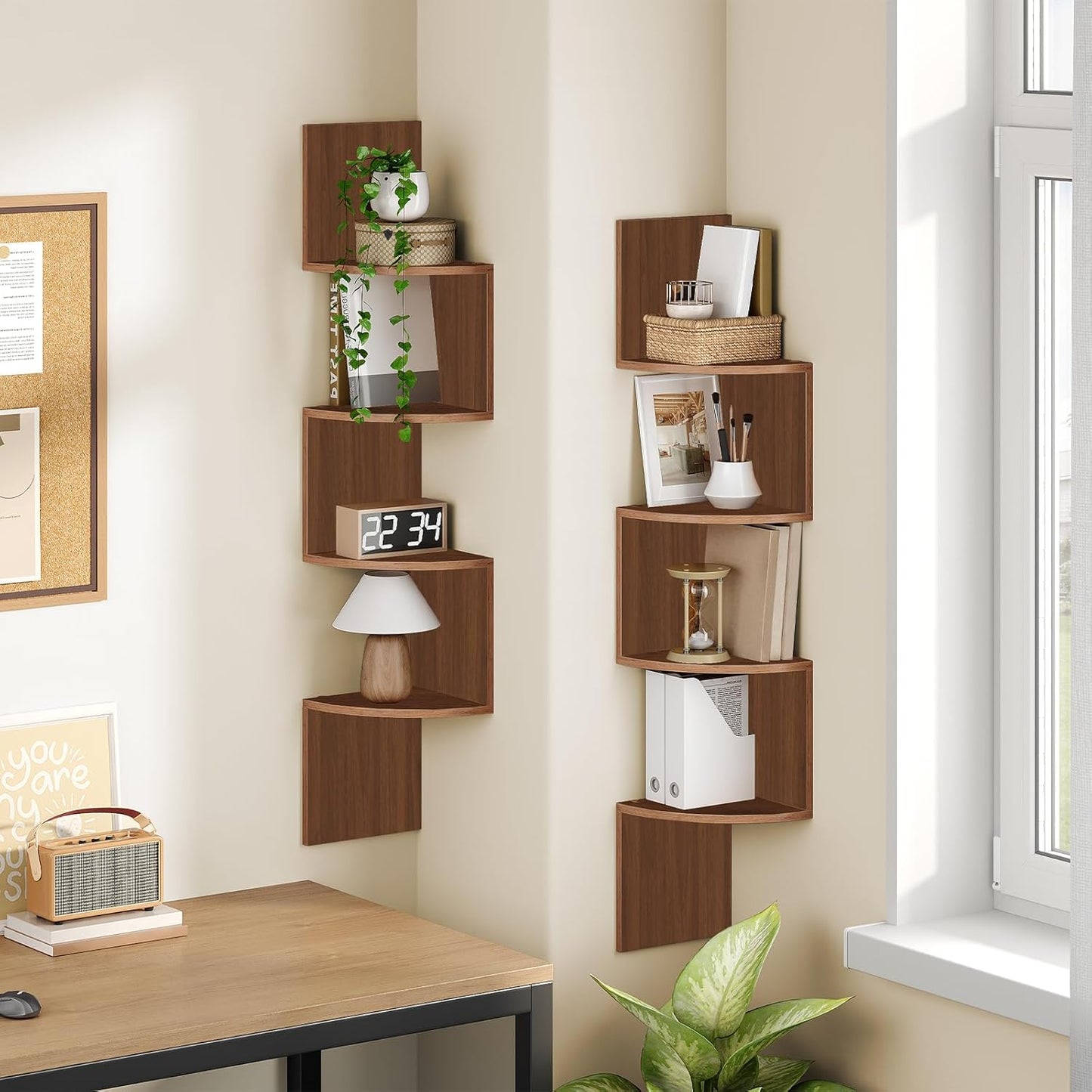 HOOBRO Corner Shelf Wall-Mounted, Set of 2 Floating Corner Shelves for Wall, 4-Tier Corner Bookshelves for Living Room, Bedroom, Bathroom, Home Office, Black BK25BJP201