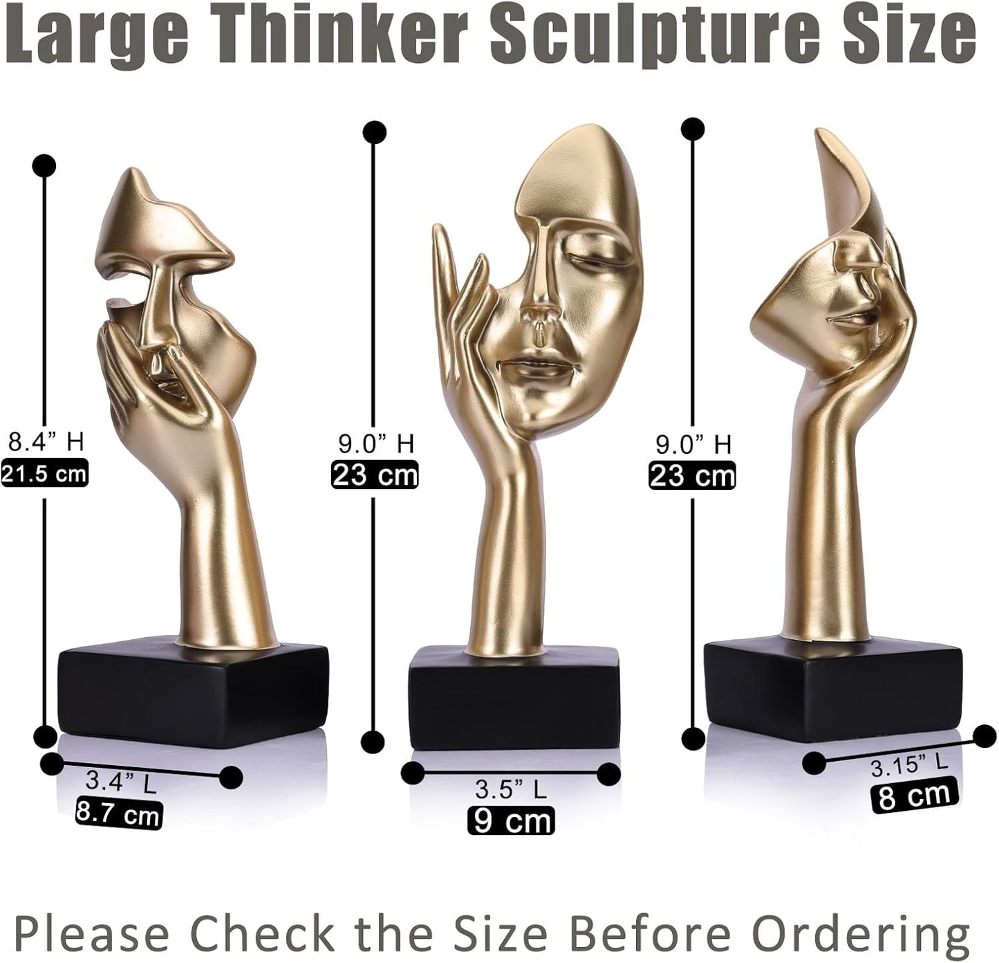3 Pcs Thinker Small Statue Set - Black Gold Home Decor Abstract Art Figurines for Shelves, Living Room Coffee Table, Office Desktop (3 Pcs Gold, 6")