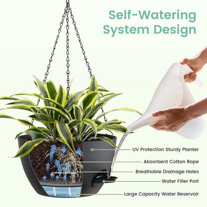 UOUZ Set of 3-10 Inch Self Watering Hanging Planters for Indoor Outdoor，Hanging Plant Pots with Drainage & Removable Tray, Hanging Pots Holder for Ivy, Pothos, Ferns, Balcony & Patio, Black with Brown