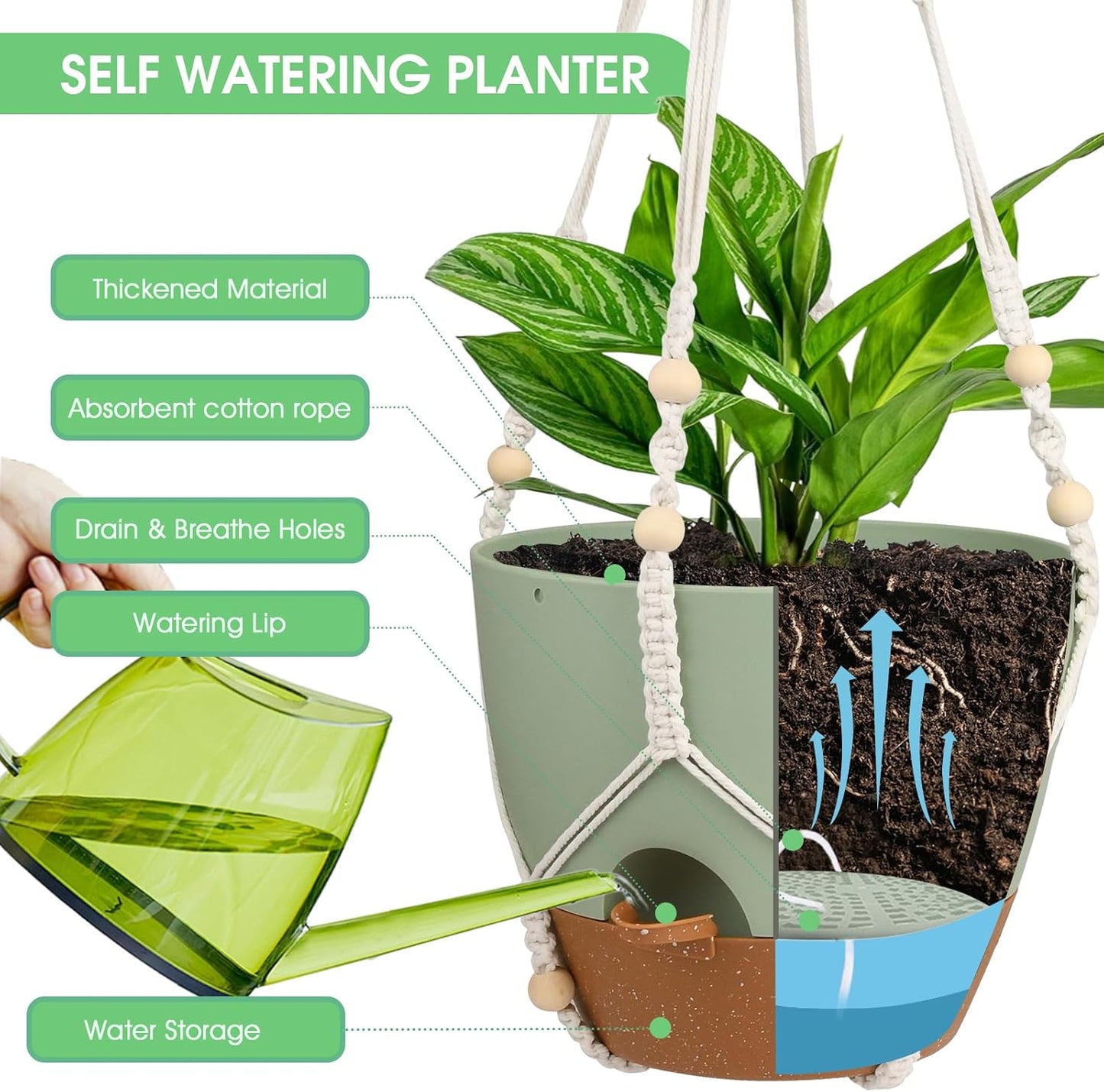 Vanslogreen Hanging Planters for Indoor Outdoor Plants, 2 Pack Self Watering Hanging Pot with Drainage Holes & Removable Tray (Black, 8'')