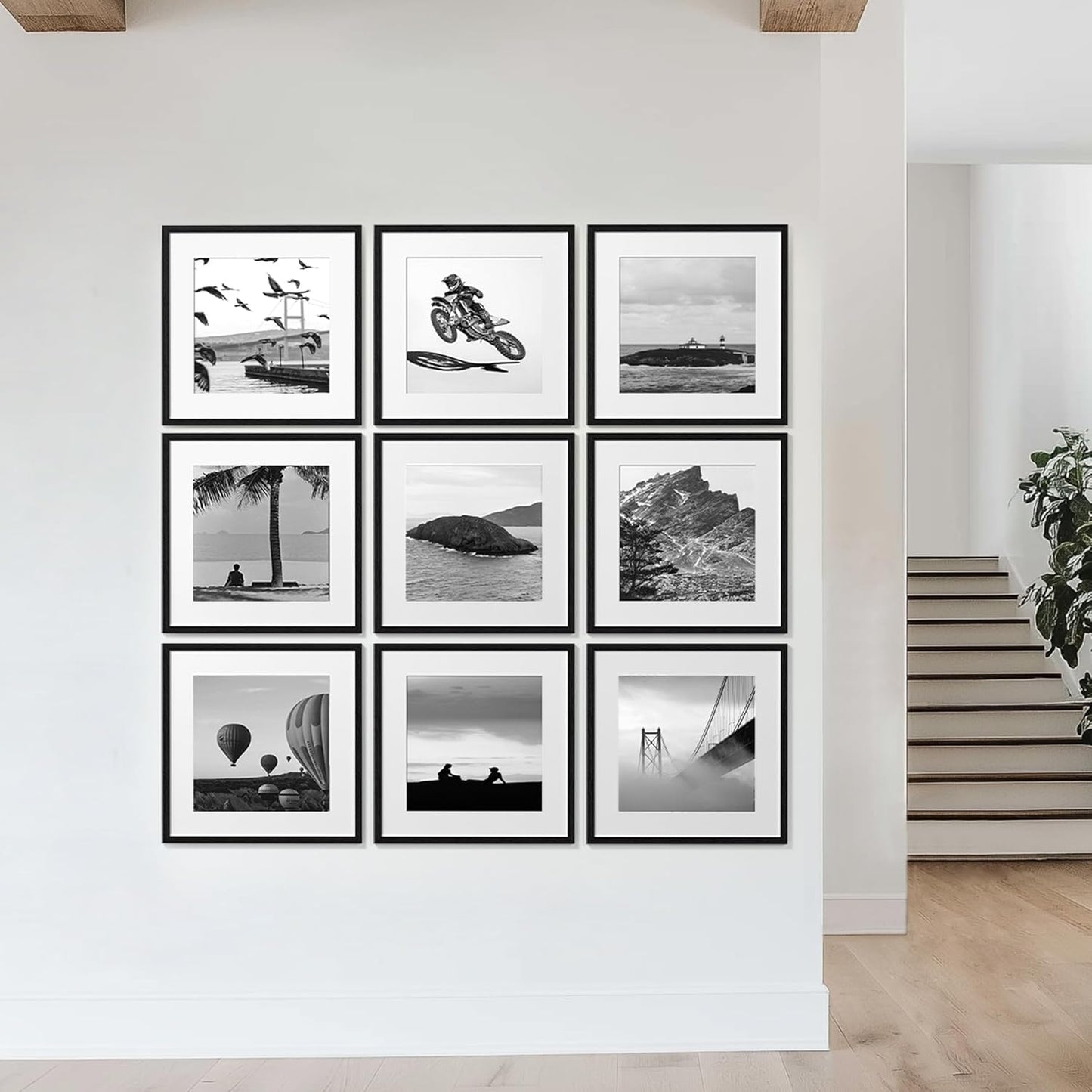 eletecpro 12x12 Picture Frames Set of 9 with Clear Acrylic Cover, Display 8x8 Photos with Mat or 12x12 Without, Classic and Sturdy Square Collage Gallery Wall Decor, Easy Wall Mount, Black