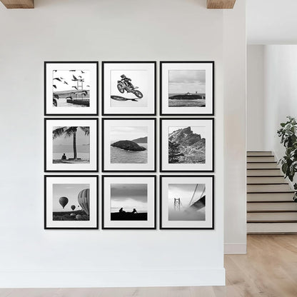 eletecpro 12x12 Picture Frames Set of 9 with Clear Acrylic Cover, Display 8x8 Photos with Mat or 12x12 Without, Classic and Sturdy Square Collage Gallery Wall Decor, Easy Wall Mount, Black