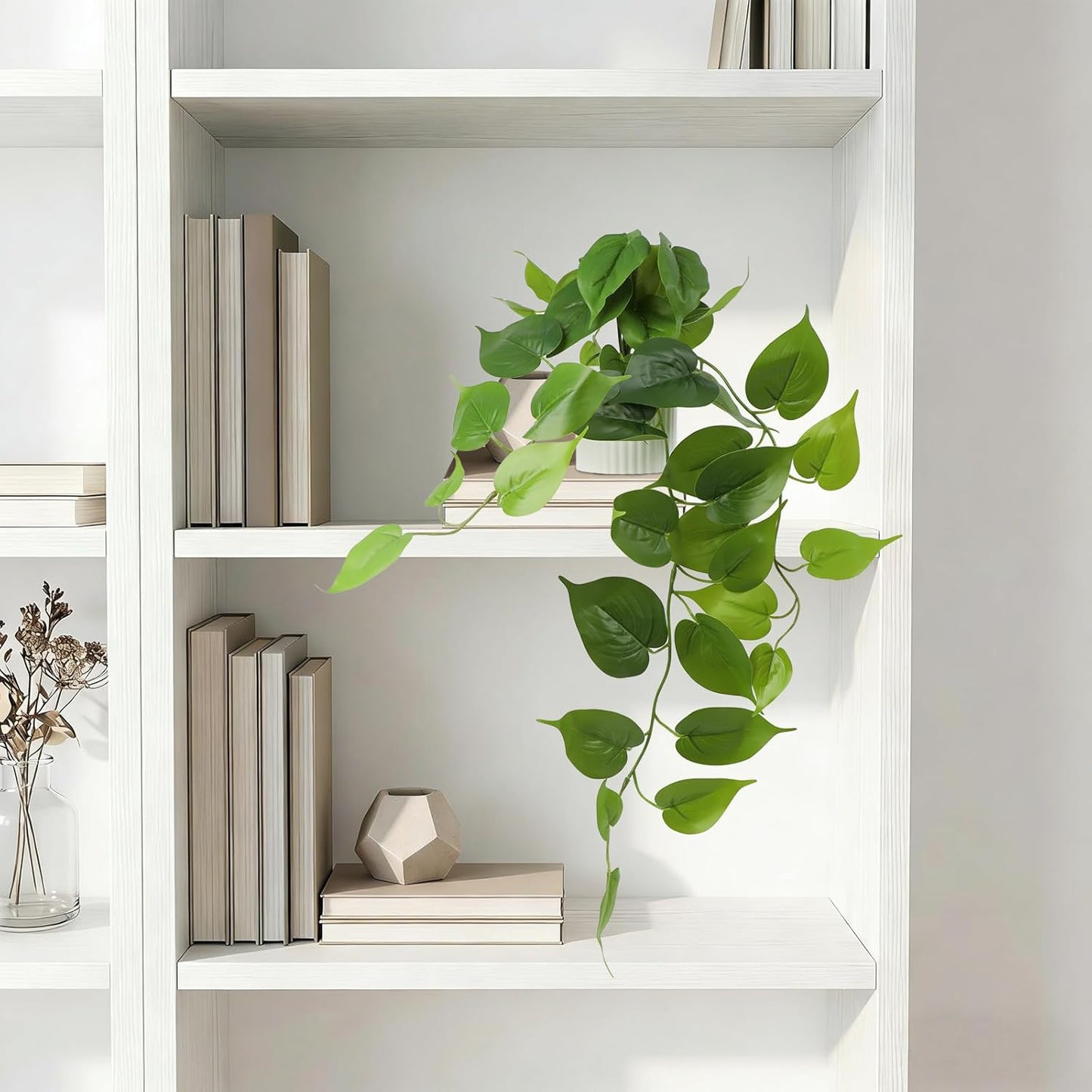 Artificial Pothos Hanging Plants 2 Pack with Pots, Realistic Fake Hanging Plants Indoor, Faux Greenery Vines for Shelf, Bathroom, Living Room, Office Decor