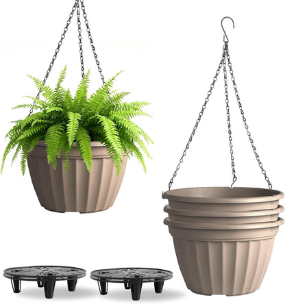 FGstyle Hanging Planters 10 Inch, 4 Pcs Self Watering Pots for Indoor Plants,Plastic Hanging Basket with Soil Elevator and 20" Chain for Home Garden Porch Balcony Patio Decor(Black)