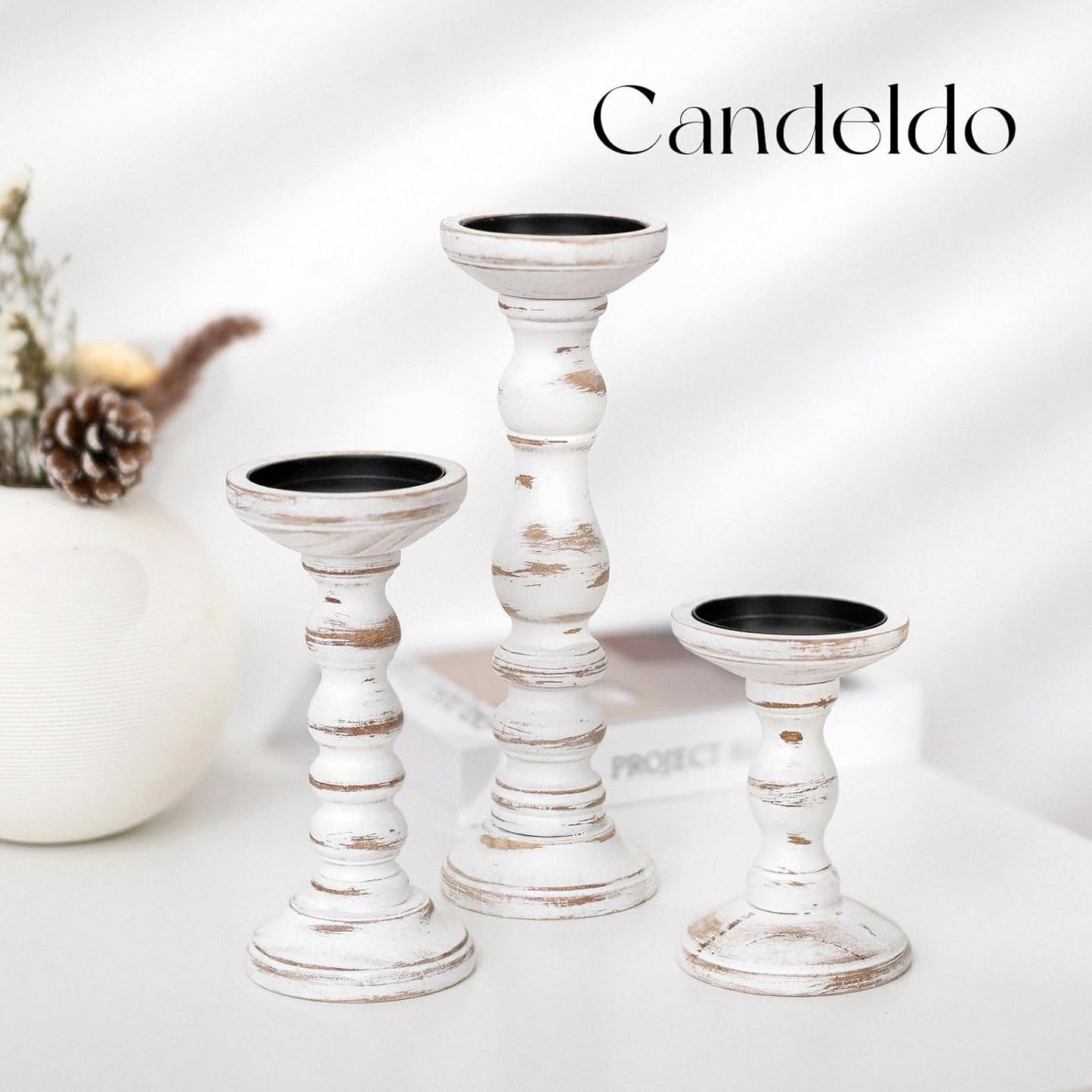 Candeldo Wood Candle Holders for Pillar: Rustic Candles Holder Set of 3 Tall Table Centerpiece Shabby Chic Decor Wooden White Farmhouse Decorations for Fireplace Mantle