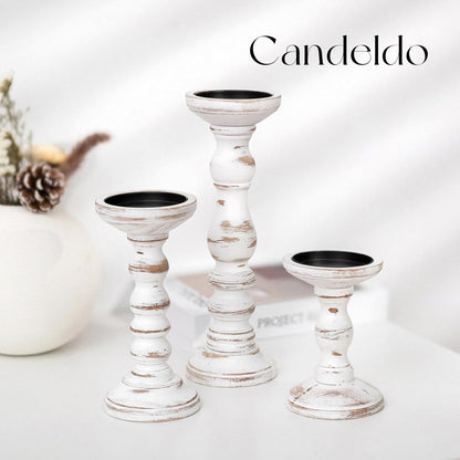 Candeldo Wood Candle Holders for Pillar: Rustic Candles Holder Set of 3 Tall Table Centerpiece Shabby Chic Decor Wooden White Farmhouse Decorations for Fireplace Mantle
