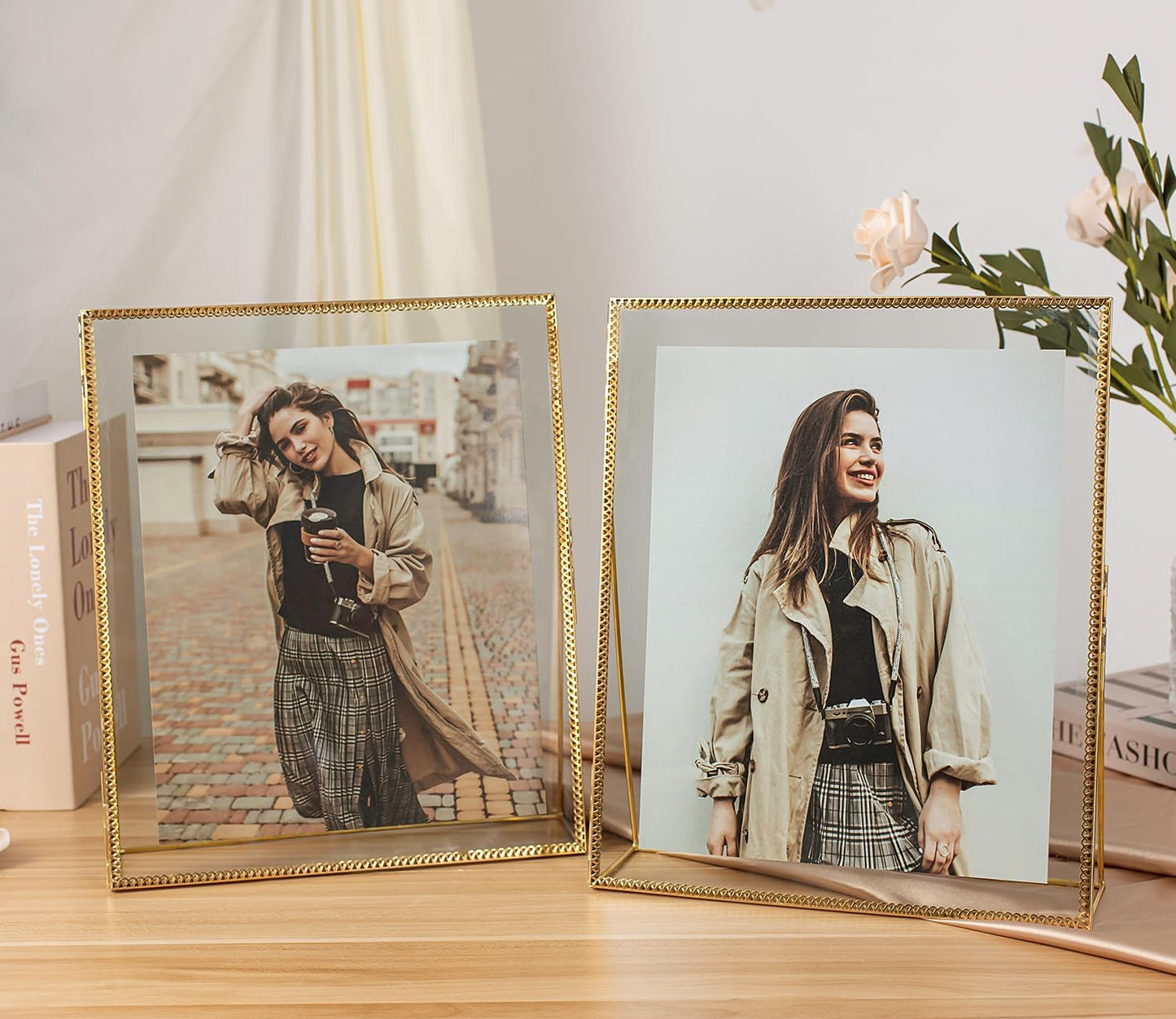 Gold Floating Picture Frame Set of 2, 10"x12" Glass Pressed Flower Picture Frames, Tabletop Standing Glass Floating Frame for 8x10 Photo Display
