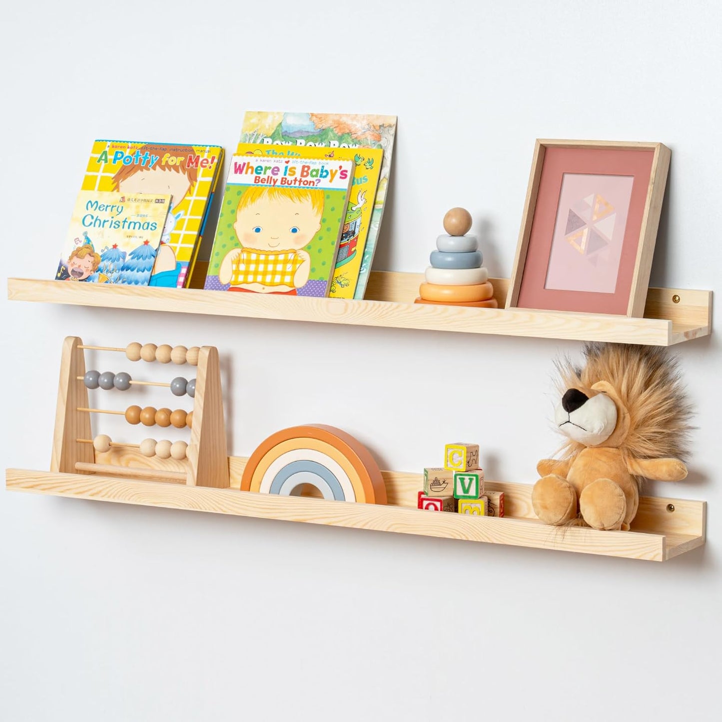 FLYJOE Picture Ledge Shelf, Floating Shelves Set of 2, Solid Pine Wood 55'' Long Large Nursery Book Shelves for Toys Storage, Kids Bookshelf for Living Room Bedroom Decor Books Photo Frames, Walnut