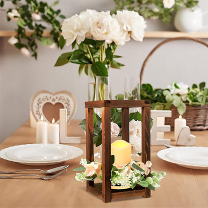 Hushee 30 Pcs Wooden Wedding Lantern Centerpiece Integrated Holders with Candles and Wreaths Rustic Wooden Candle Lantern Decor for Wedding Party Table Valentine Decor (Yellow)