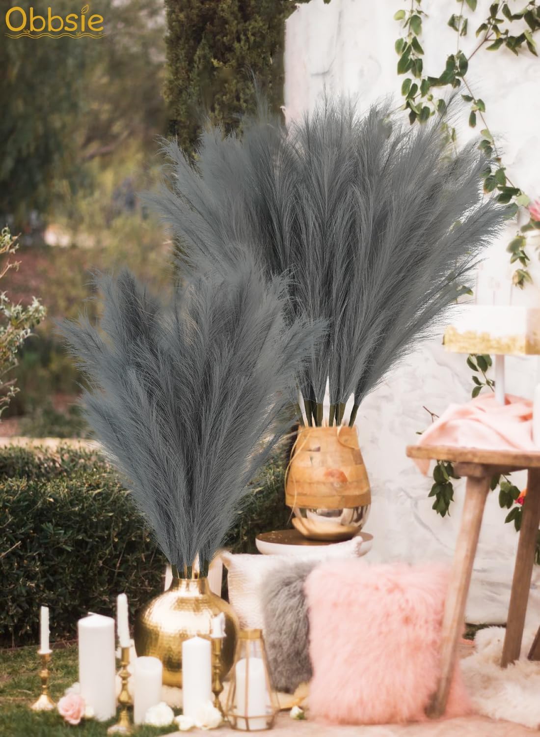 obbsie 50pcs Pink Faux Pampas Grass Decor, 21.6" Short Artificial Floral Branches Vase Filler Flower Arrangement for Home Wedding Boho Outdoor Decor