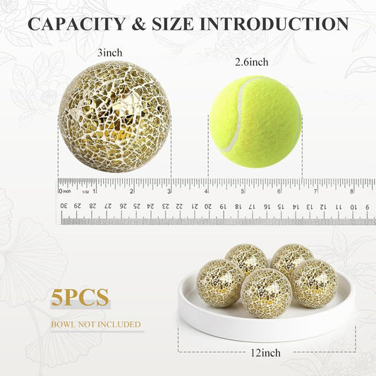 HAKACC 5PCS Decorative Balls for Bowls, 3 inch Gold Orbs Glass Balls for Centerpiece Bowls Mosaic Sphere for Home Decoration Dining Table