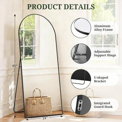 Mirror Full Length 64"x21" Full Body Floor Mirror with Stand, Shatterproof Glass, Aluminum Alloy Frame, Free Standing Wall Mounted or Leaning Arched Mirrors for Bedroom Living Room Entryway