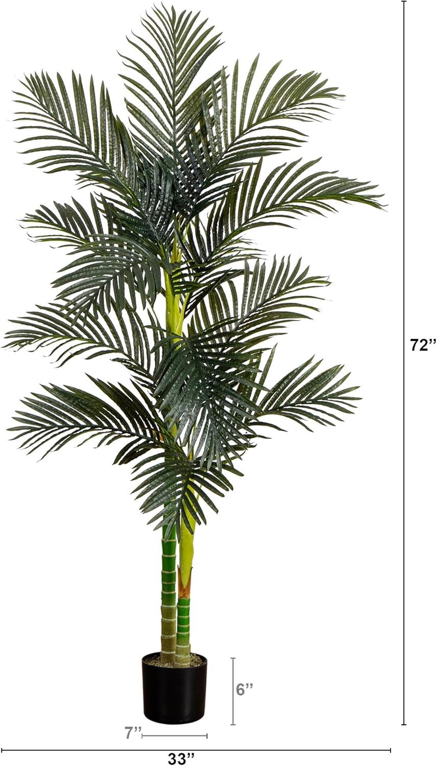 Nearly Natural 6.5ft Artificial Golden Cane Palm Tree, Lifelike Silk Indoor Palm With Three Textured Trunks Flexible Fronds Nursery Planter, Low Maintenance