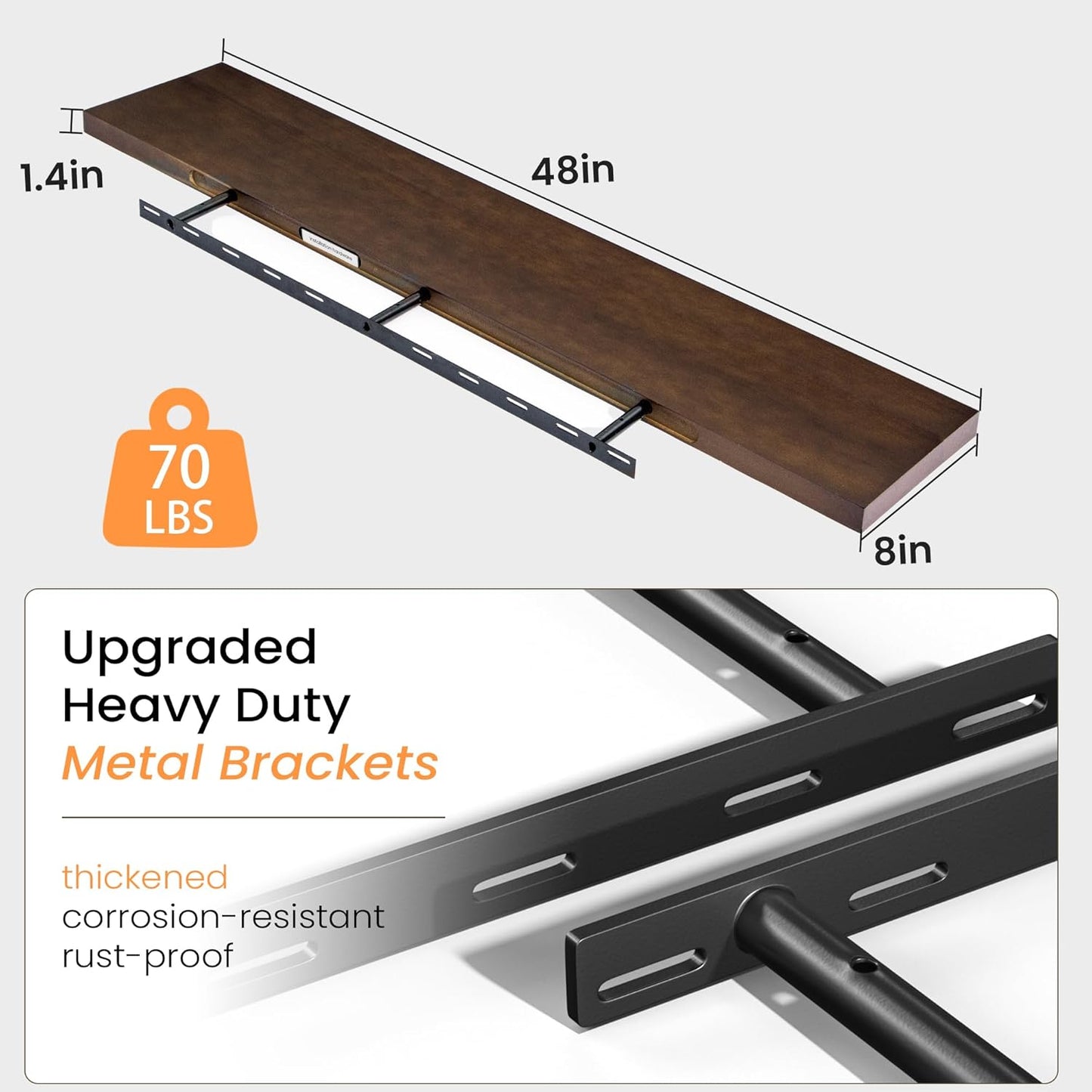 Floating Shelves 36 Inches Long - 8 Inch Deep Rustic Premium Solid Pine Wood for Storage - Farmhouse Wall Mounted for Living Room - Heavy-Duty Metal Bracket - 36" W x 8" D - Set of 2 - White Color