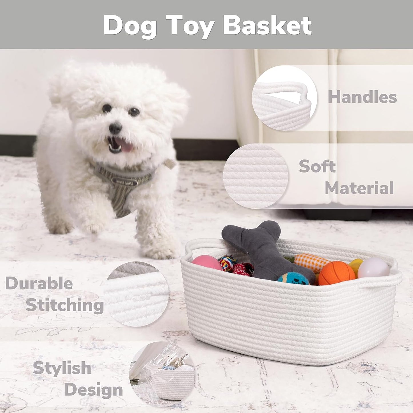 CHICVITA Decorative Gift Basket, Easter Basket for Kids, Woven Rope Storage Baskets with Handles, Nursery Baby Shower Toy Organizer, Grey, 13 x 9.8 x 5 inches