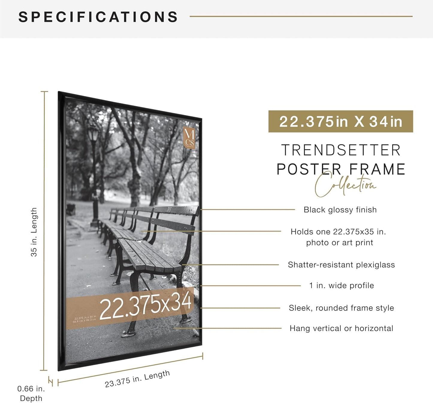 MCS Trendsetter 24x36 Poster Frame Black High-Gloss, Vertical & Horizontal Wall Hanging Large Picture Frame for Photos, Posters & Art Prints (1-Pack)
